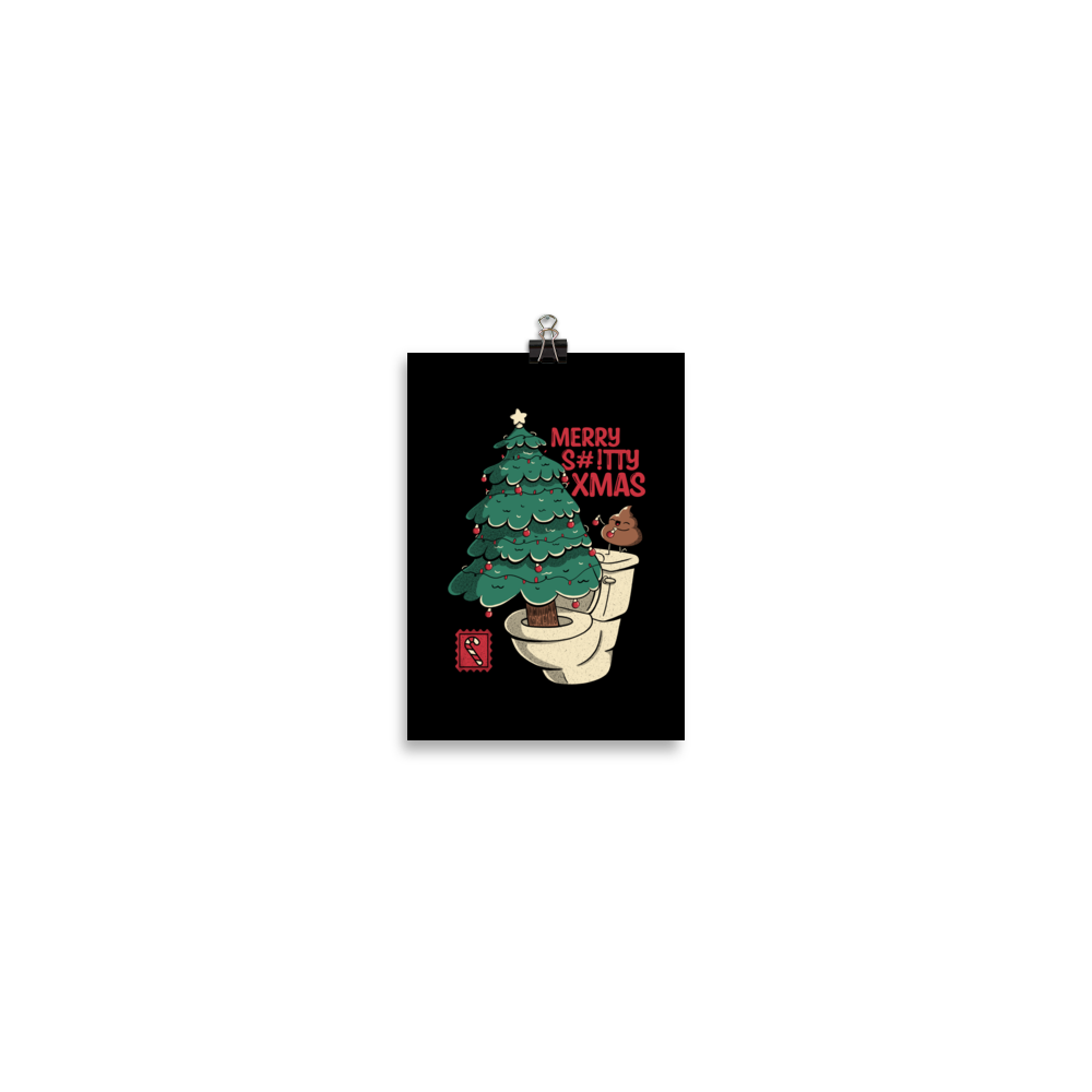 A toilet from which a Christmas tree is being decorated with Christmas decorations by a small poop, next to them the phrase "Merry Shitty Xmas". An art with a lot of humor for the Christmas mood.