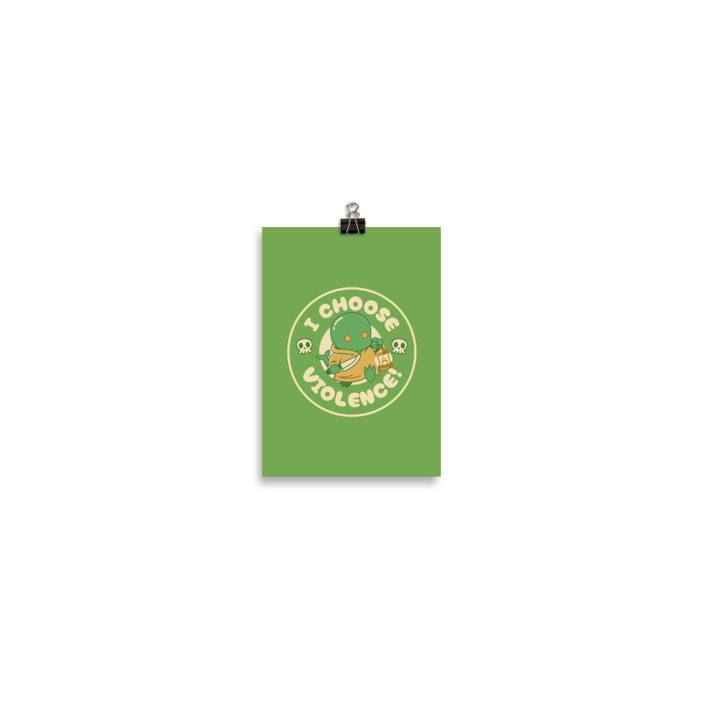 Cute green fantasy creature holding a lantern and a small weapon, surrounded by skull icons and the bold phrase “I Choose Violence!” in a circular badge-style design.