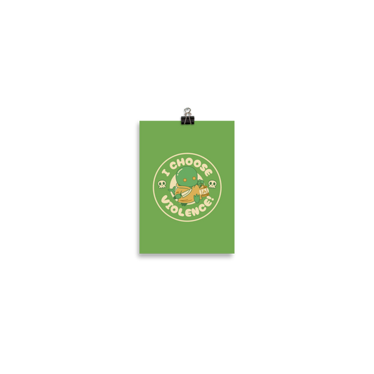 Cute green fantasy creature holding a lantern and a small weapon, surrounded by skull icons and the bold phrase “I Choose Violence!” in a circular badge-style design.