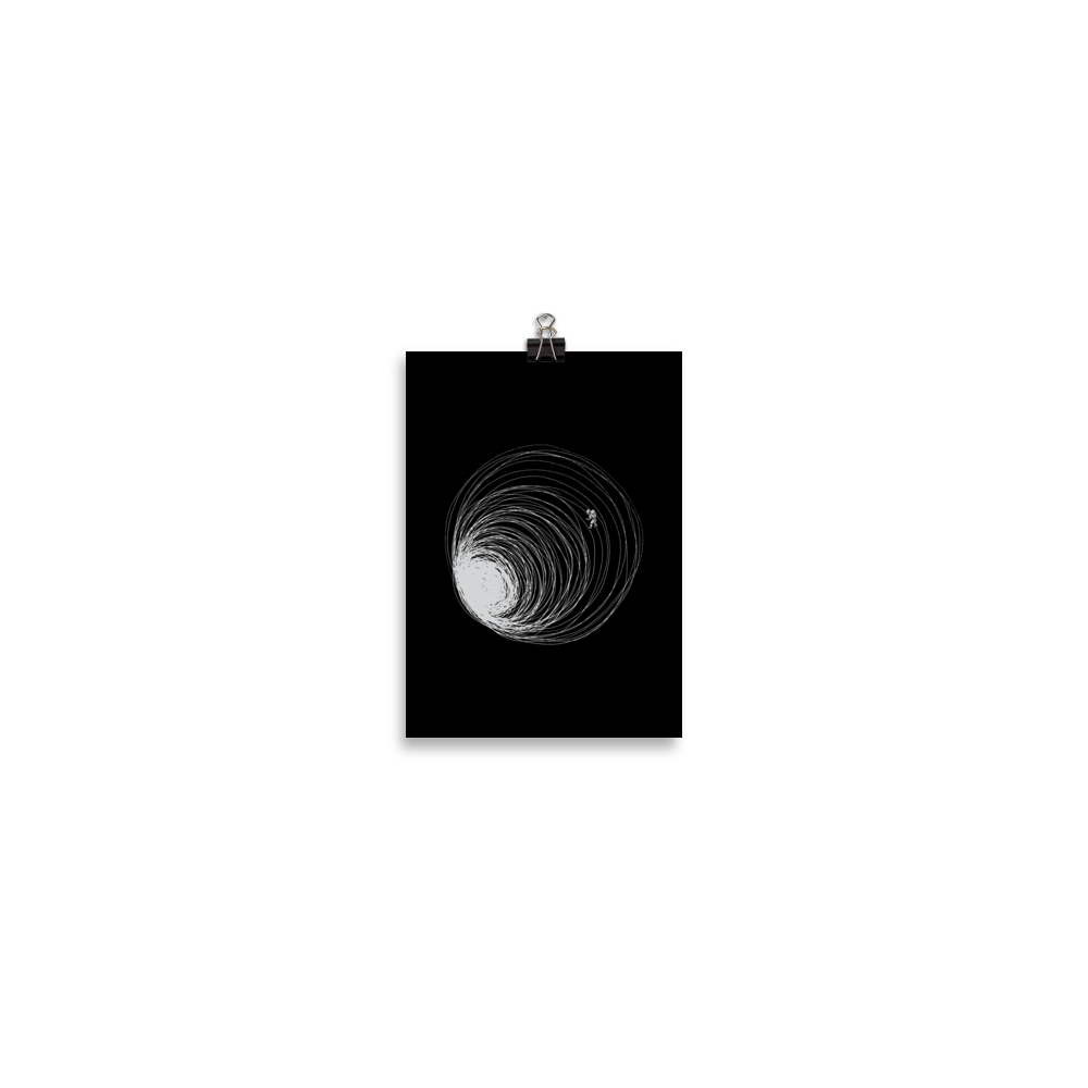 A big black hole with an astronaut floating around as if being sucked into it. A minimalist art perfect for those who love space.