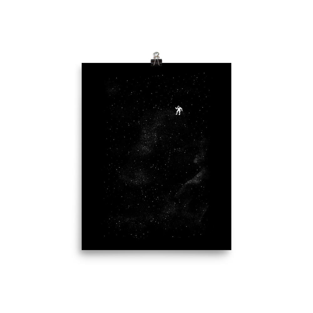A small astronaut floating through space between the immensity of the universe and the stars. A perfect minimalist art for those who are passionate about space.