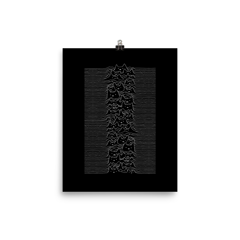 The drawing is a series of continuous wavy lines forming a pattern reminiscent of sound waves or topographic maps, but with an unexpected twist: the lines create the shapes of numerous cat faces stacked vertically. Each cat has simple, expressive features with pointed ears, adding a whimsical element to the otherwise structured pattern.