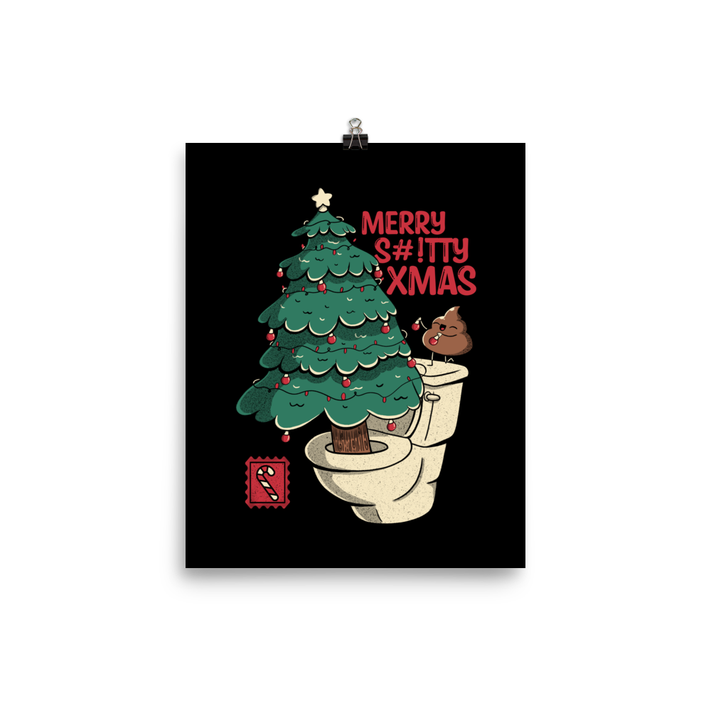 A toilet from which a Christmas tree is being decorated with Christmas decorations by a small poop, next to them the phrase "Merry Shitty Xmas". An art with a lot of humor for the Christmas mood.