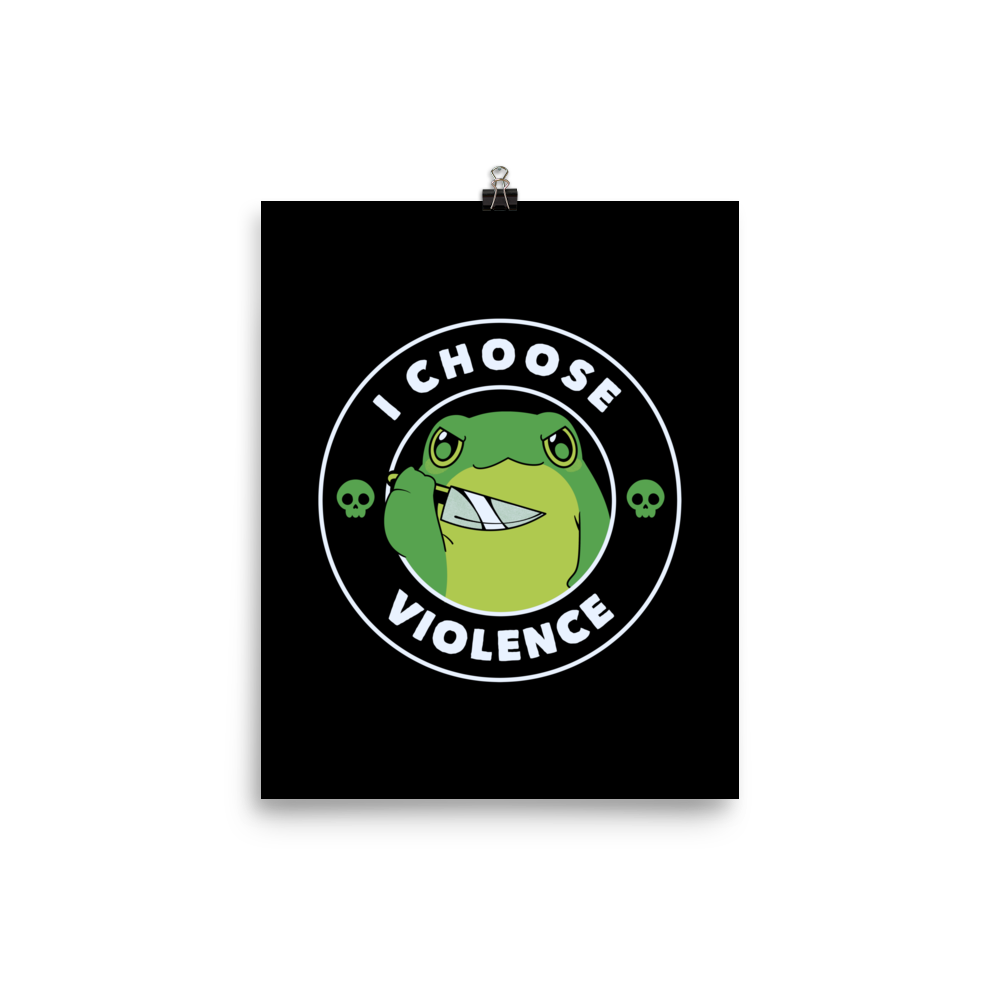 A charming, cartoon-style green frog holds a knife in its hand with a playful yet fierce expression. Encircled by bold text, 'I CHOOSE VIOLENCE,' the design mixes humor with an edge. Two small skulls flank the frog, adding a quirky, rebellious touch to the image. The overall effect balances cuteness and irony in a memorable way.