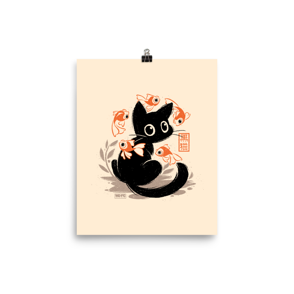 This unique design features a charming black cat amidst playful koi, rendered in beautiful Sumi-e ink style. A perfect blend of Japanese art and anime whimsy for any cat lover.