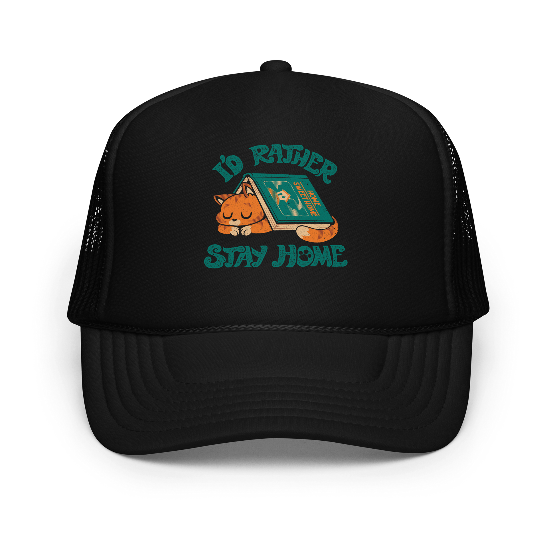 Sleeping orange cat under a book labeled 'Home Sweet Home' with the motto 'I'D RATHER STAY HOME'.