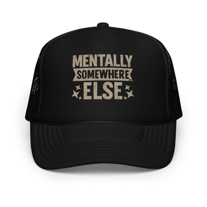 Distressed vintage-style text graphic displaying the phrase “Mentally Somewhere Else,” decorated with scattered star icons and a bold, textured font.