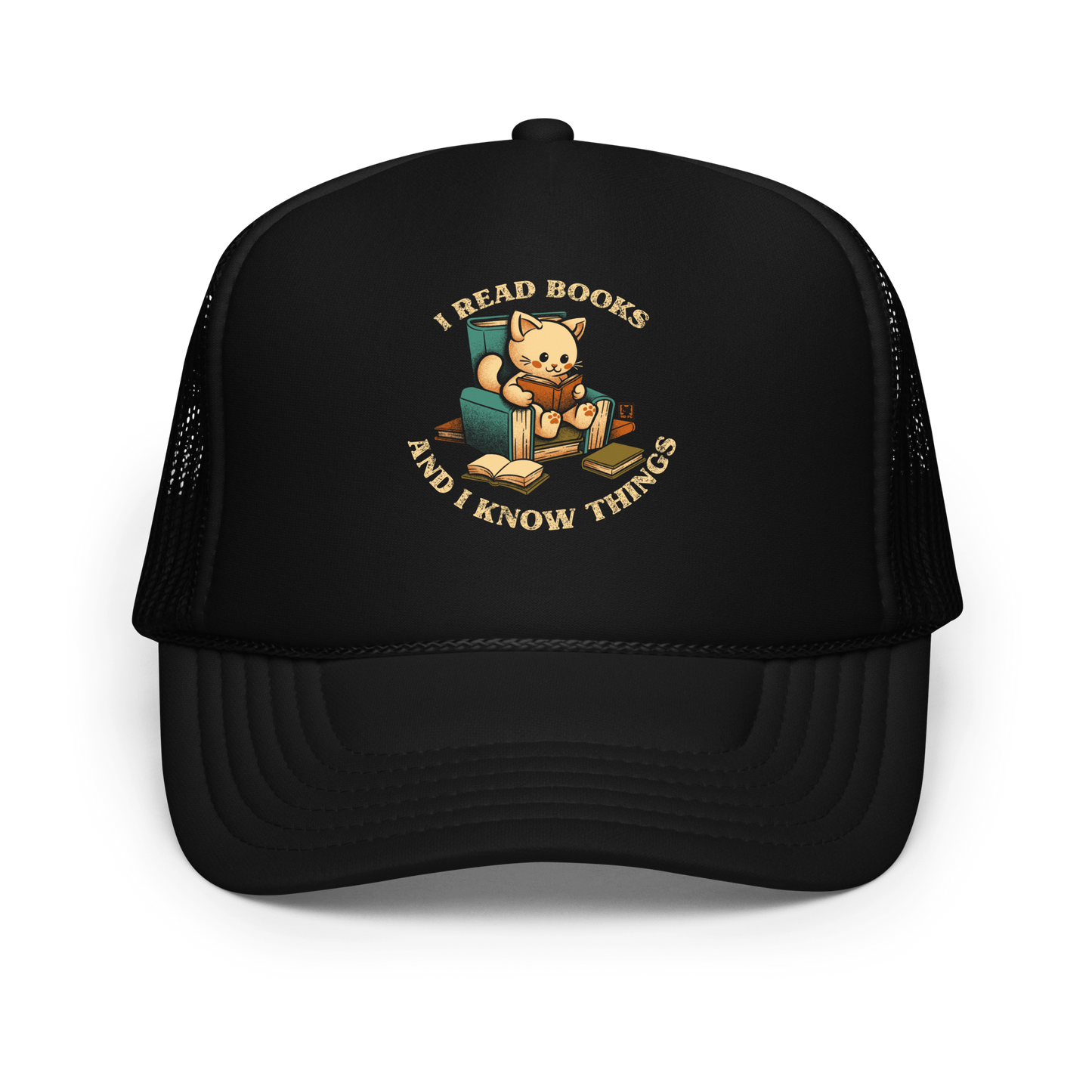 An adorable cat is sitting on a stack of books encircled by the sentence "I READ BOOKS AND I KNOW THINGS". Perfect for book lovers, this design combines wit and cuteness, making it a great choice for those who love reading and cats.