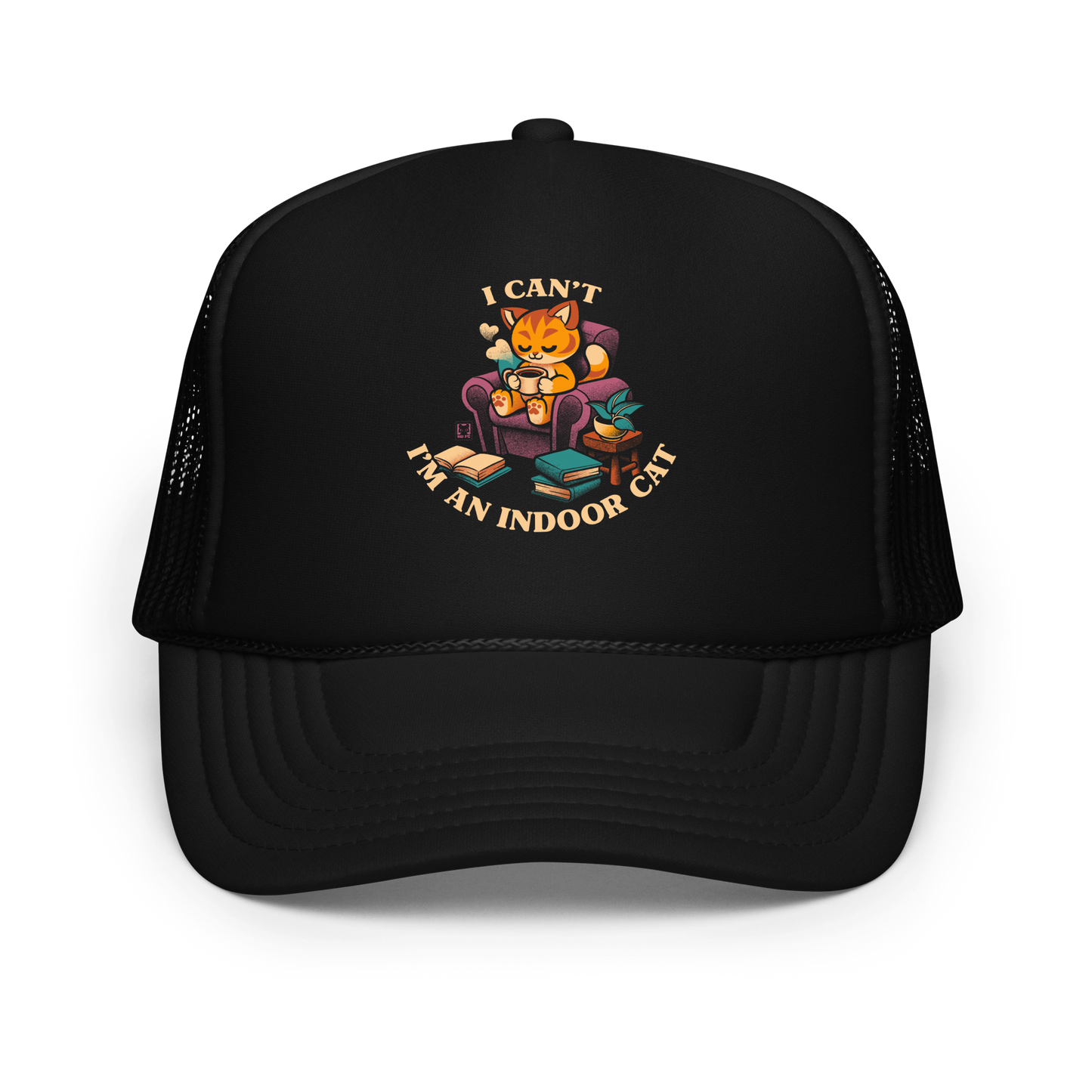 This cozy design features a contented orange cat sipping coffee in a comfy chair, surrounded by books and plants. The following message encircles the design: I CAN'T I'M AN INDOOR CAT.