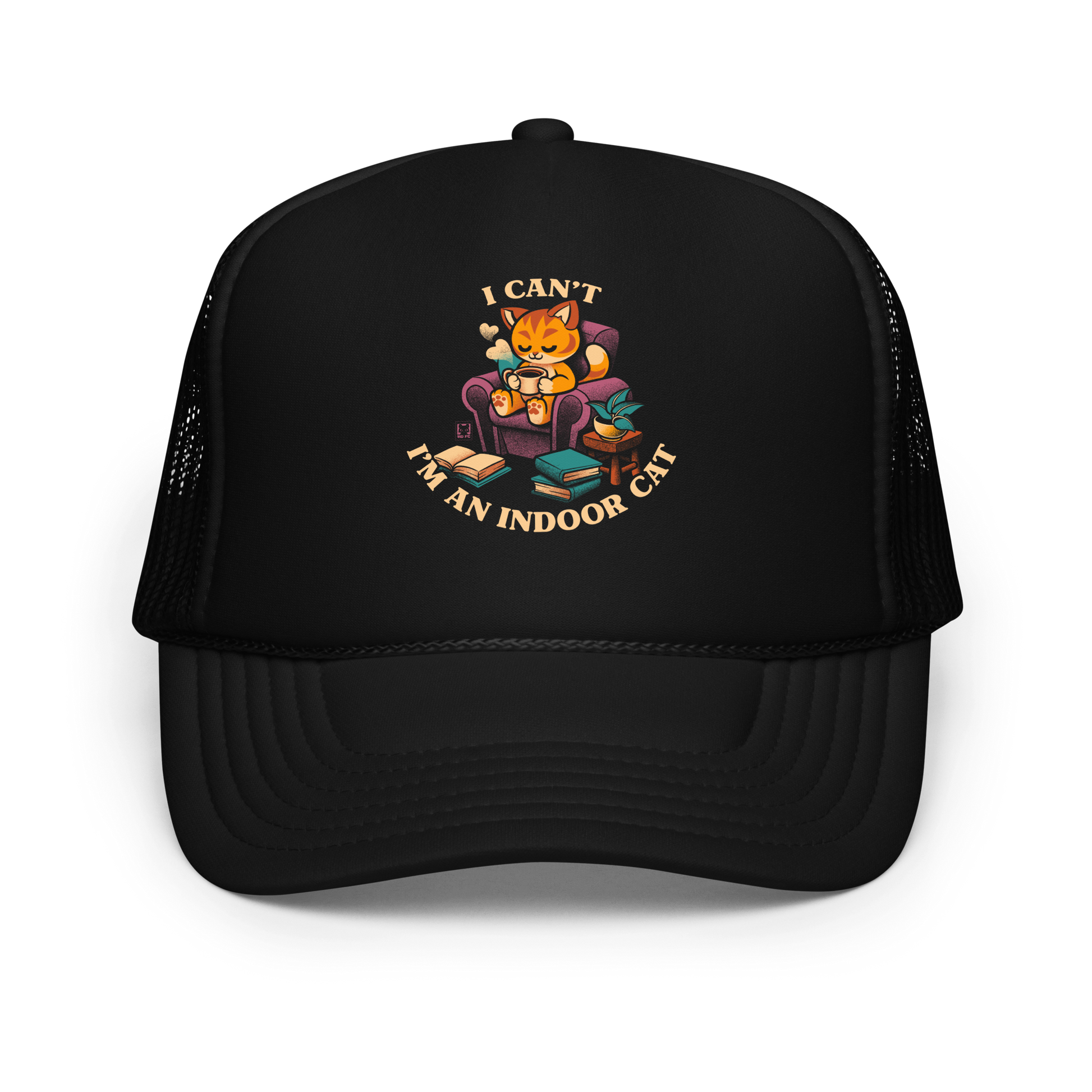 This cozy design features a contented orange cat sipping coffee in a comfy chair, surrounded by books and plants. The following message encircles the design: I CAN'T I'M AN INDOOR CAT.