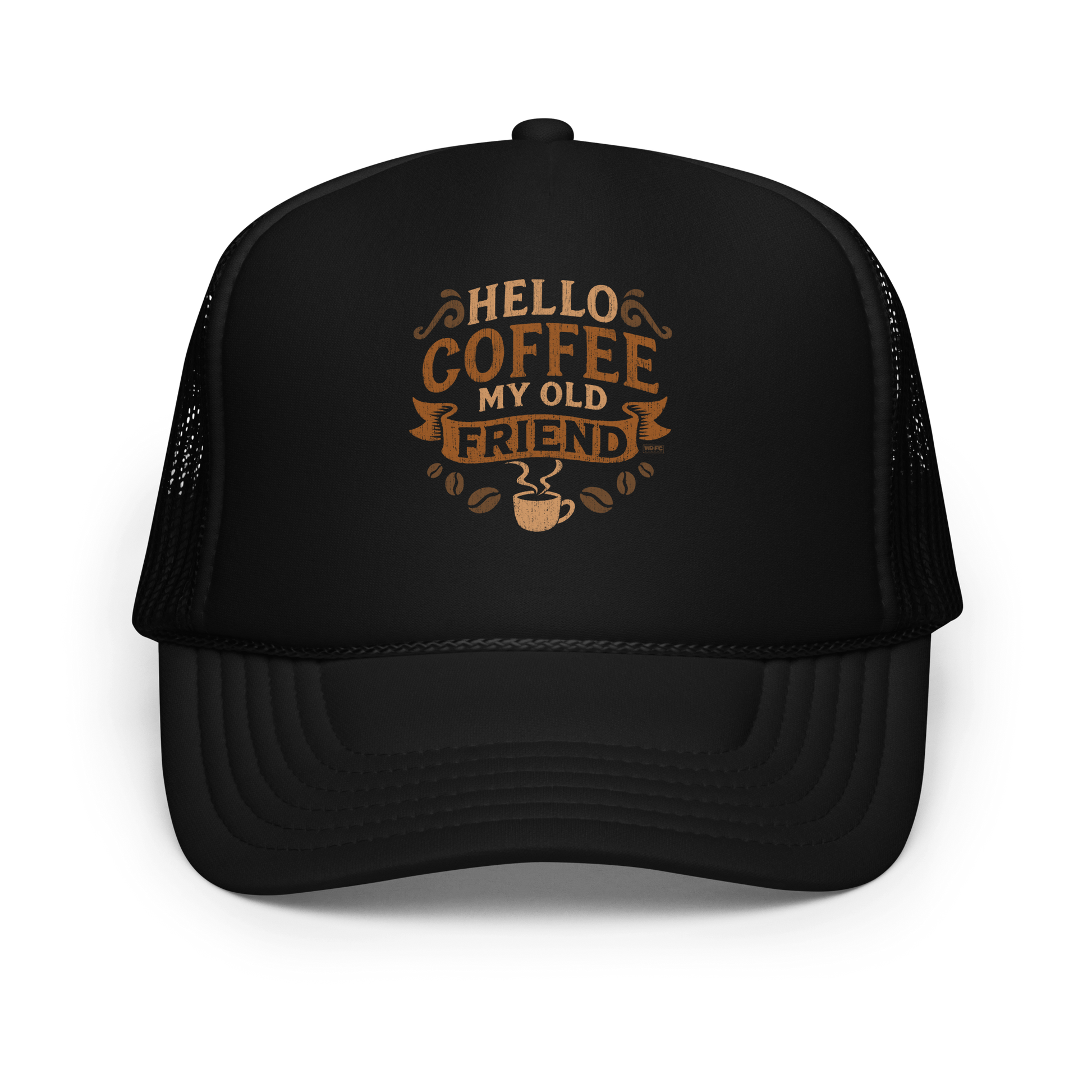 Vintage-style graphic featuring the phrase “Hello Coffee My Old Friend” in bold brown lettering, surrounded by decorative flourishes, coffee beans, and a steaming coffee cup.