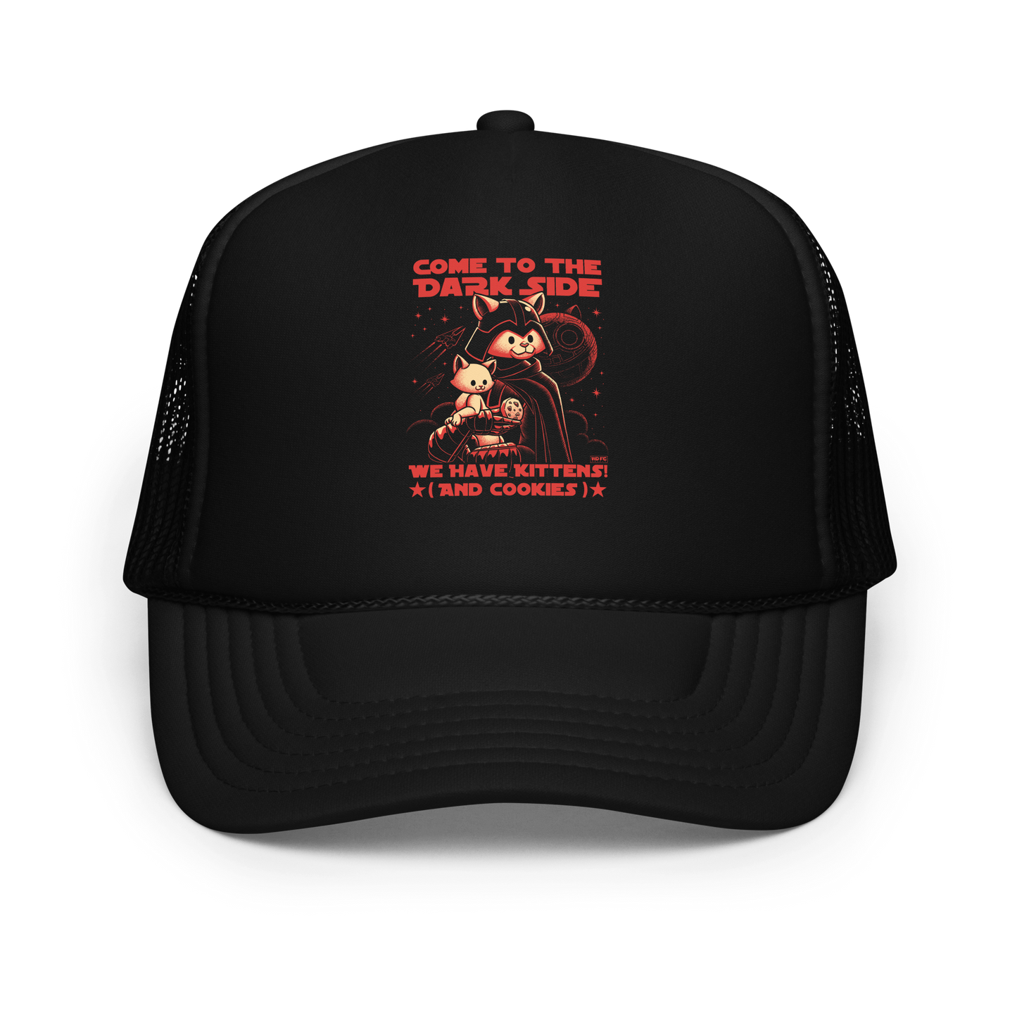 This fun and nerdy design, encircled by the phrase 'COME TO THE DARK SIDE, WE  HAVE KITTENS AND COOKIES', features a feline twist on sci-fi villains, perfect for cat lovers, space fans, and cookie enthusiasts.