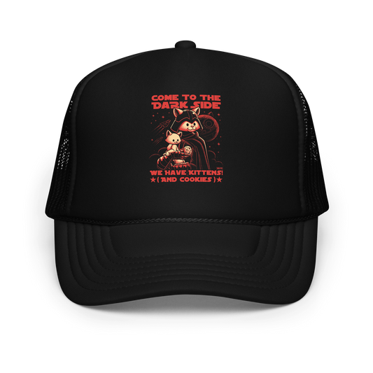 This fun and nerdy design, encircled by the phrase 'COME TO THE DARK SIDE, WE  HAVE KITTENS AND COOKIES', features a feline twist on sci-fi villains, perfect for cat lovers, space fans, and cookie enthusiasts.