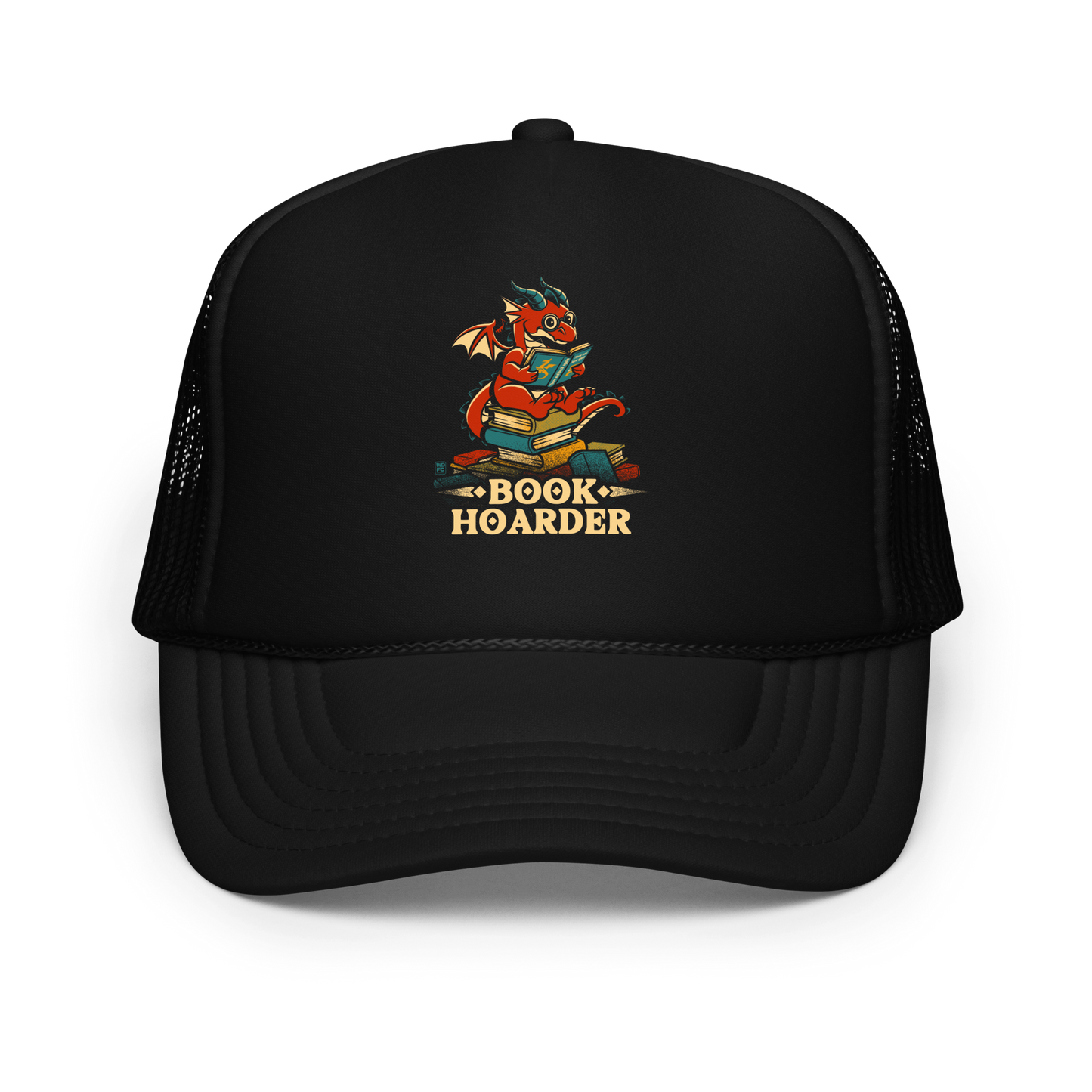 Perched atop his treasure trove of books, this red nerdy dragon is ready to devour epic adventures, magic tales, and fantasy worlds. The words 'BOOK HOARDER' are placed at the bottom of the design.