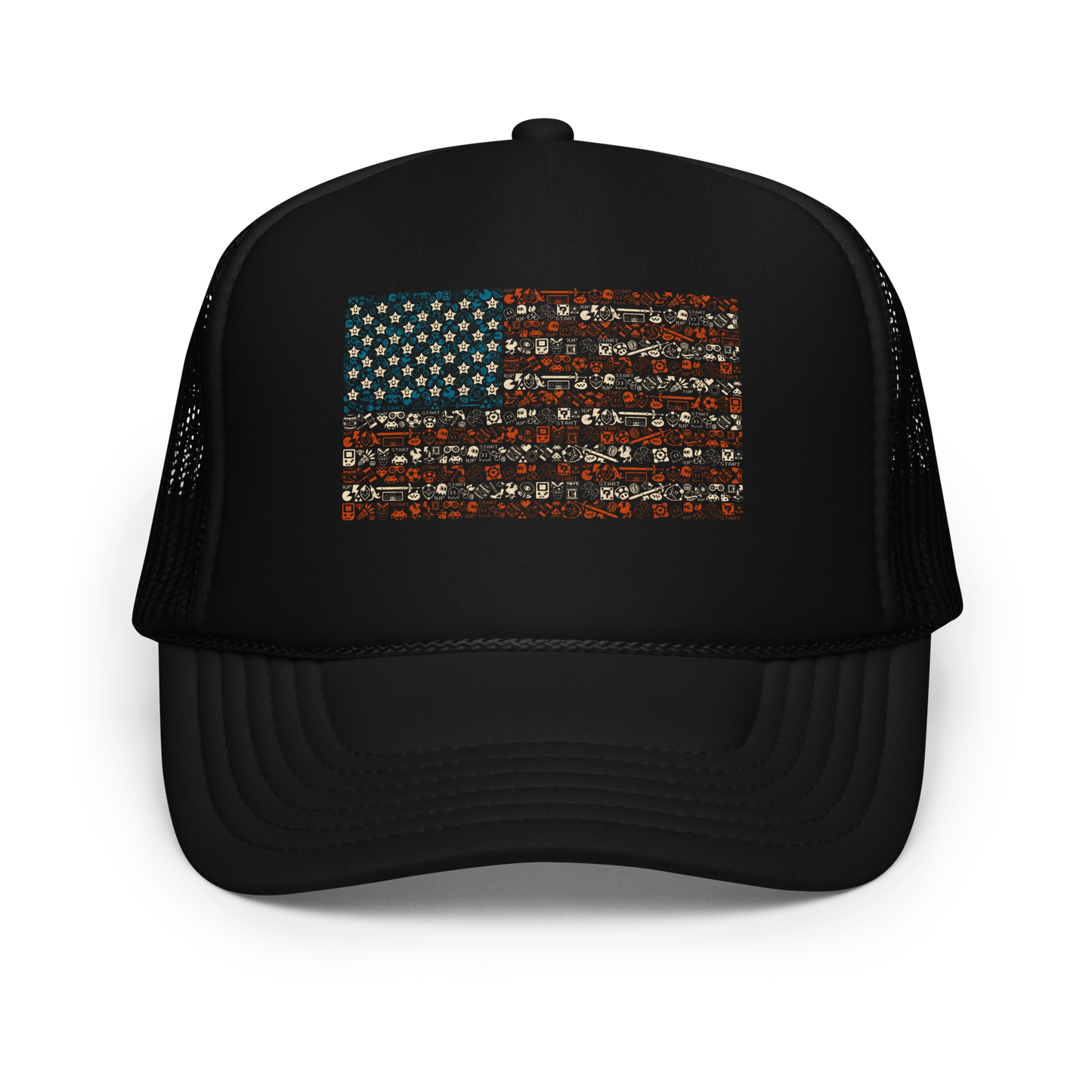 American flag illustration made entirely of retro video game icons, controllers, characters, and symbols in blue, red, and beige, arranged to form the stars and stripes.