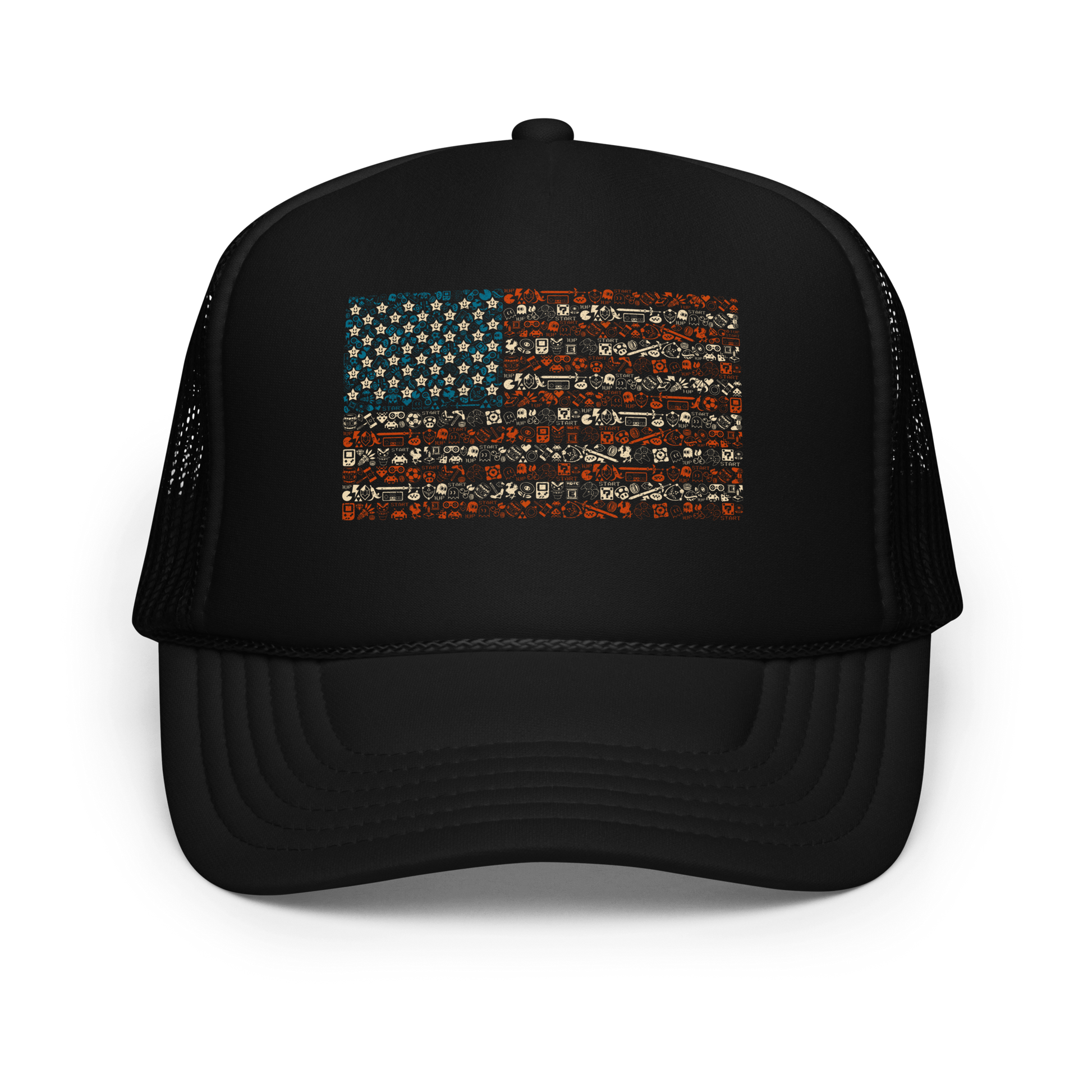 American flag illustration made entirely of retro video game icons, controllers, characters, and symbols in blue, red, and beige, arranged to form the stars and stripes.