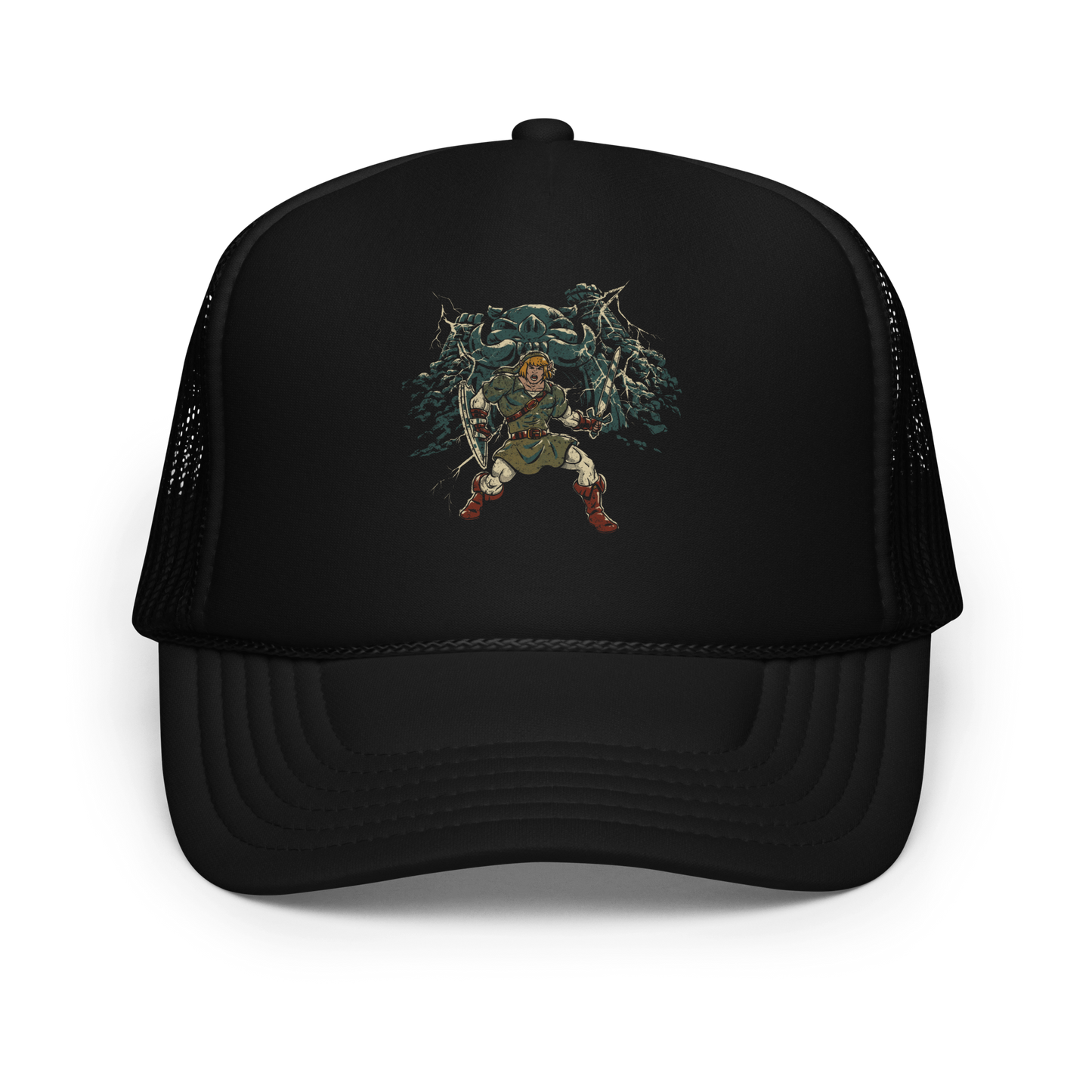 A fierce warrior stands with sword and shield, lightning cracking behind him as he screams in defiance — mixing classic fantasy aesthetics with retro game frustration.