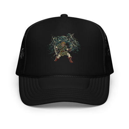 A fierce warrior stands with sword and shield, lightning cracking behind him as he screams in defiance — mixing classic fantasy aesthetics with retro game frustration.