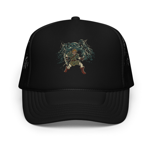 A fierce warrior stands with sword and shield, lightning cracking behind him as he screams in defiance — mixing classic fantasy aesthetics with retro game frustration.