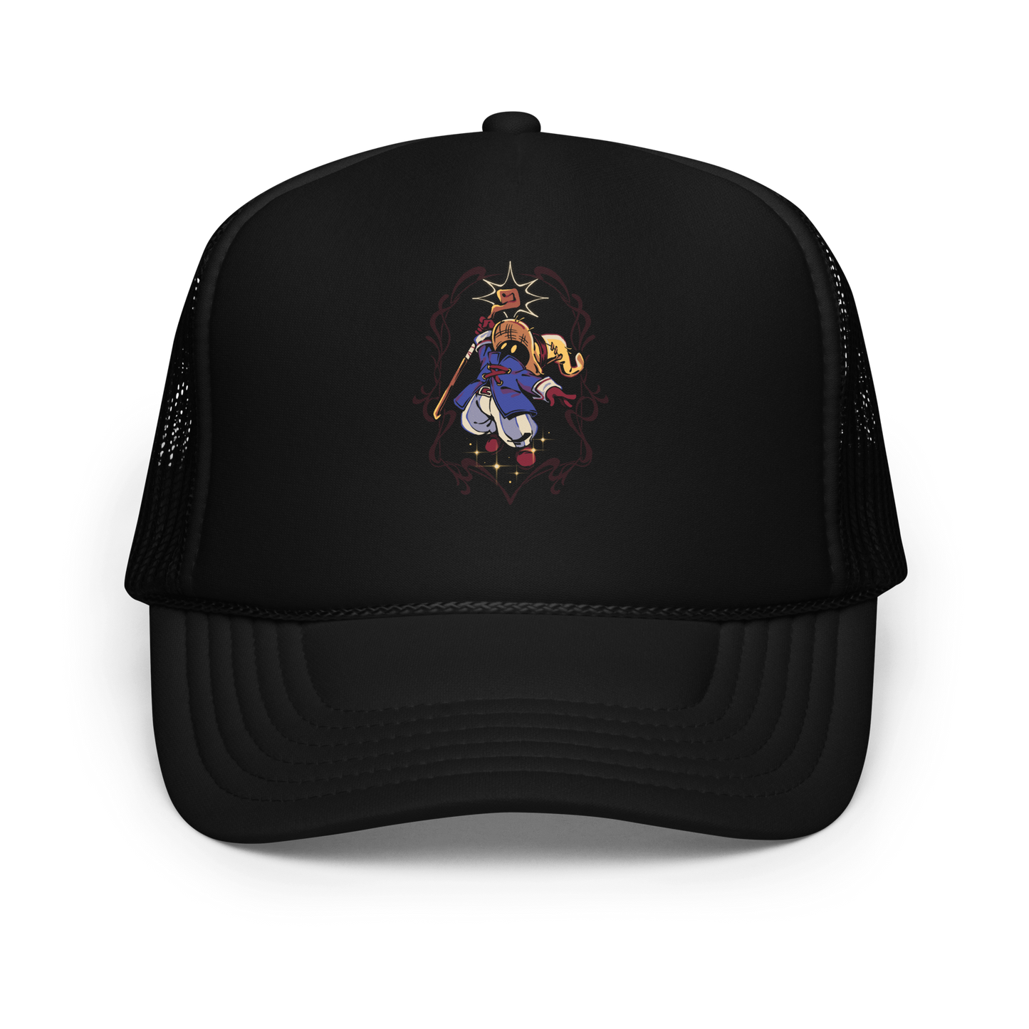 A mysterious dark mage casts a glowing spell with flair, surrounded by magical sparkles and arcane energy. A tribute to classic RPG wizards and their timeless charm.