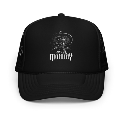 A white fantasy-style illustration showing a wizard standing on a rock, wielding a staff and sword, casting a spell toward a swirling dark, smoky monster with glowing eyes and mouth. The word “MONDAY” appears in large, bold, gothic letters at the bottom, symbolizing the wizard battling the chaos of Monday.