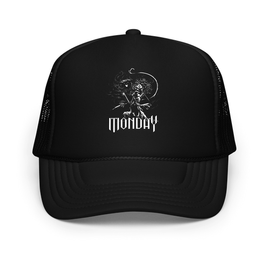 A white fantasy-style illustration showing a wizard standing on a rock, wielding a staff and sword, casting a spell toward a swirling dark, smoky monster with glowing eyes and mouth. The word “MONDAY” appears in large, bold, gothic letters at the bottom, symbolizing the wizard battling the chaos of Monday.