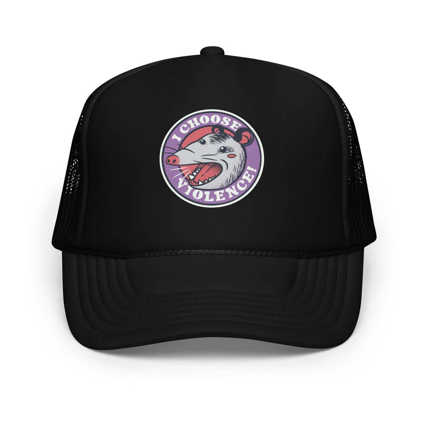 A circular design featuring an opossum with an open mouth showing sharp teeth, set against a red and purple background. Surrounding the animal, the text reads 'I Choose Violence!' in bold, white letters. The opossum has a somewhat comical yet aggressive expression. The design has an edgy, cartoon-like style, suitable for various products like t-shirts and stickers.