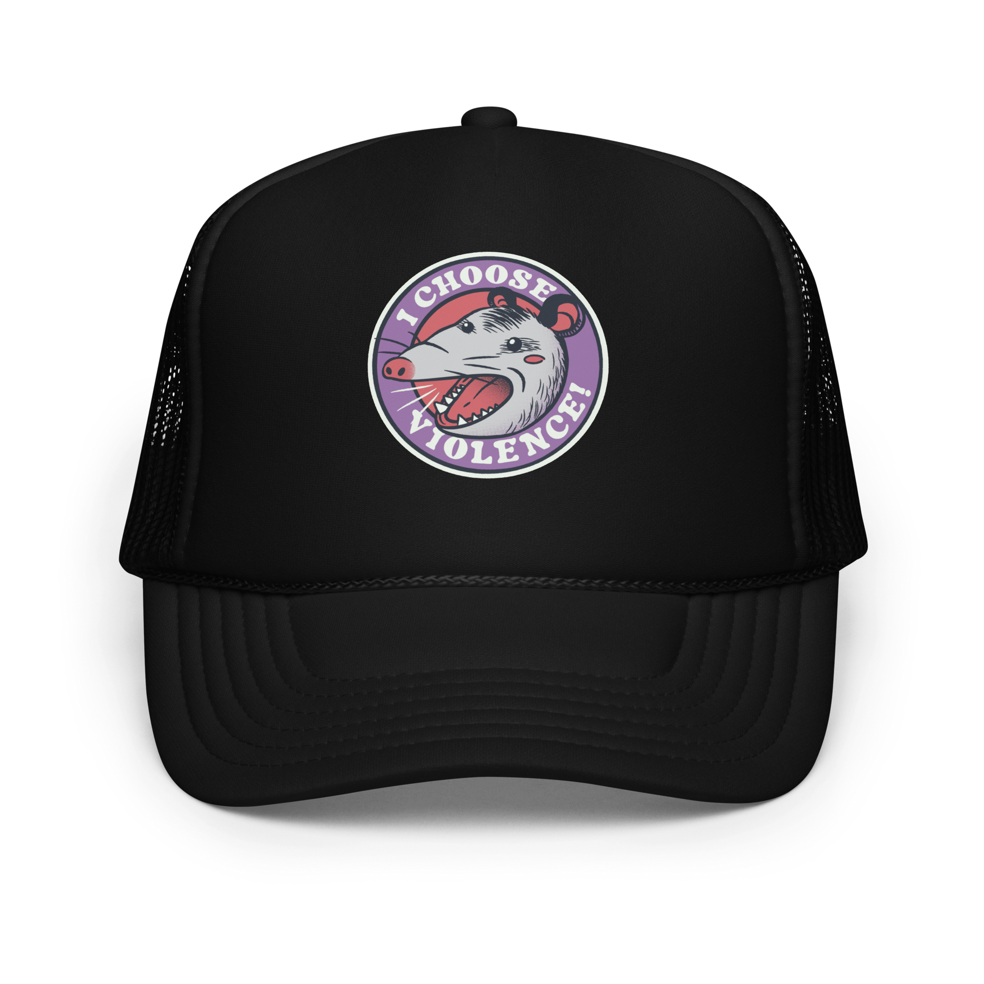 A circular design featuring an opossum with an open mouth showing sharp teeth, set against a red and purple background. Surrounding the animal, the text reads 'I Choose Violence!' in bold, white letters. The opossum has a somewhat comical yet aggressive expression. The design has an edgy, cartoon-like style, suitable for various products like t-shirts and stickers.