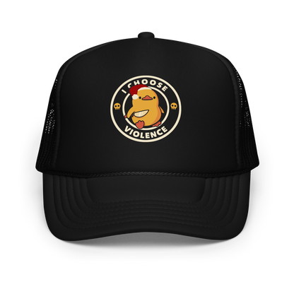 The image depicts a cute, cartoon-style yellow duckling wearing a Santa hat, holding a knife. It is encircled by the phrase 'I CHOOSE VIOLENCE' with small skull icons on either side of the ring. The overall tone is humorous and ironic, combining the traditionally non-violent image of a duckling with the aggressive message. The style is playful, with a mix of Christmas elements and dark humor.