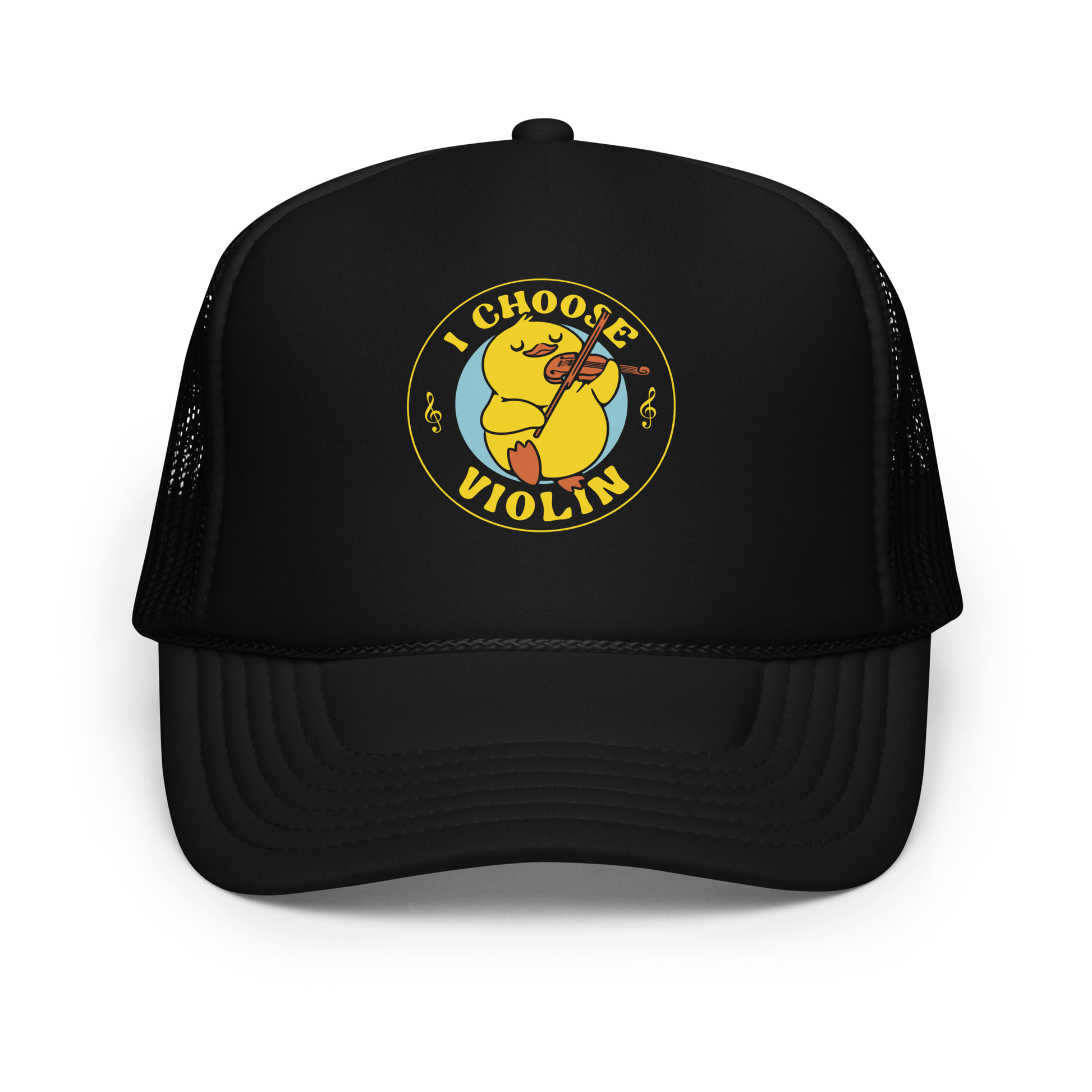 The design features a cute yellow duckling playing a violin with eyes closed in bliss. It is encircled by the phrase 'I Choose Violin' with musical notes on either side. The style is playful and cartoony, giving a warm, humorous vibe.