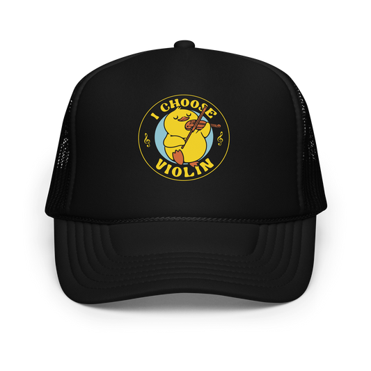 The design features a cute yellow duckling playing a violin with eyes closed in bliss. It is encircled by the phrase 'I Choose Violin' with musical notes on either side. The style is playful and cartoony, giving a warm, humorous vibe.