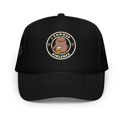 A cute, cartoon-style mocha mousse color duckling stands confidently holding a large knife in its wing. The duckling is encircled by text saying 'I CHOOSE VIOLENCE' in bold white letters. Small skull symbols flank the chick on either side, adding a touch of humor and irony to the otherwise adorable drawing.