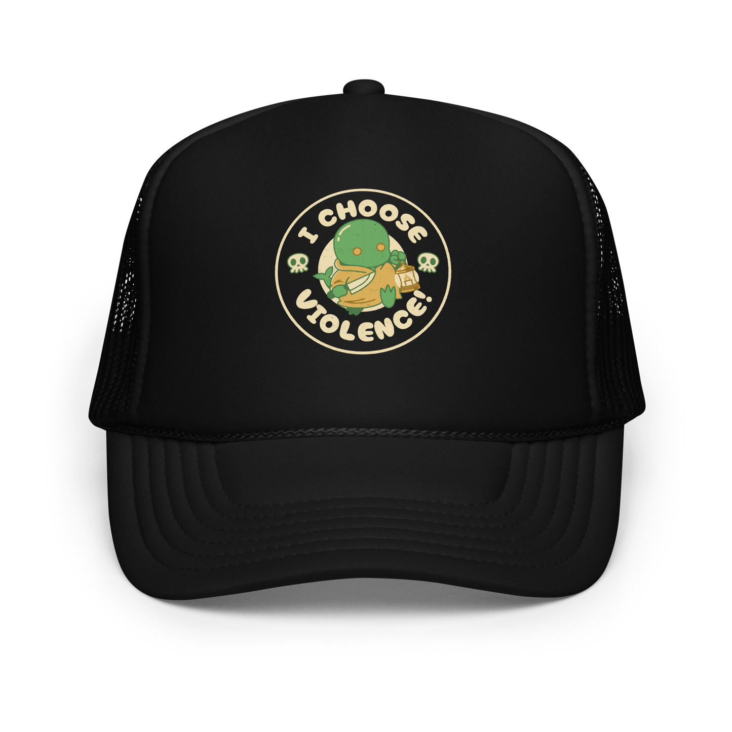 Cute green fantasy creature holding a lantern and a small weapon, surrounded by skull icons and the bold phrase “I Choose Violence!” in a circular badge-style design.