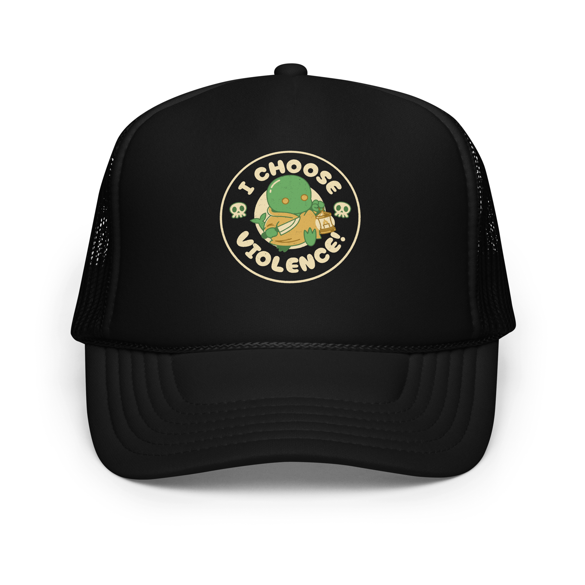 Cute green fantasy creature holding a lantern and a small weapon, surrounded by skull icons and the bold phrase “I Choose Violence!” in a circular badge-style design.