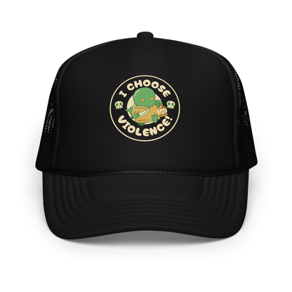 Cute green fantasy creature holding a lantern and a small weapon, surrounded by skull icons and the bold phrase “I Choose Violence!” in a circular badge-style design.