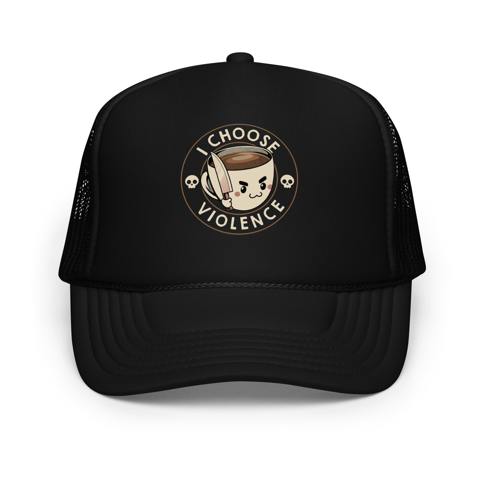 This image features a cute, cartoonish white coffee cup filled with coffee, with a determined facial expression, holding a sharp knife. The cup is framed by the circular text 'I CHOOSE VIOLENCE' in bold letters. On either side of the cup, there are small, white skull icons, adding a humorous yet dark twist to the design.