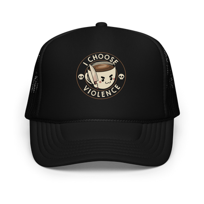 This image features a cute, cartoonish white coffee cup filled with coffee, with a determined facial expression, holding a sharp knife. The cup is framed by the circular text 'I CHOOSE VIOLENCE' in bold letters. On either side of the cup, there are small, white skull icons, adding a humorous yet dark twist to the design.