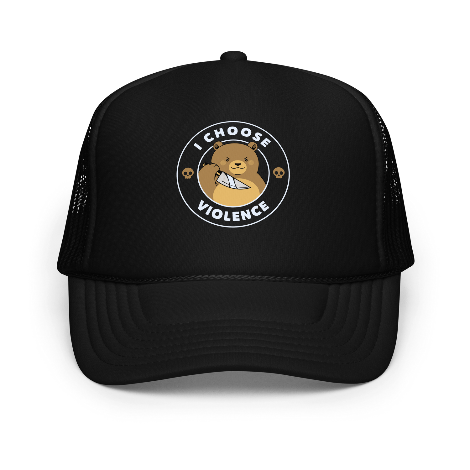 A cartoon-style image features a cute, determined-looking teddy bear holding a knife, with an expression of mischief. The bear is surrounded by the bold text 'I CHOOSE VIOLENCE' and accompanied by small skull icons on either side, adding a humorous and ironic twist to the design.