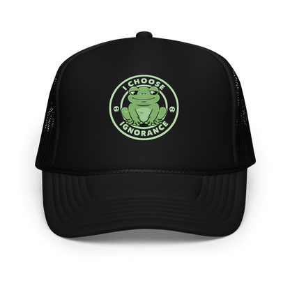 The image shows a cartoonish green frog with a sly smile, sitting with legs splayed out. Around it, the phrase 'I CHOOSE IGNORANCE' is written in bold letters. Two small skull designs are included, one on each side of the frog. The style is playful and ironic, blending elements of humor and rebellion.