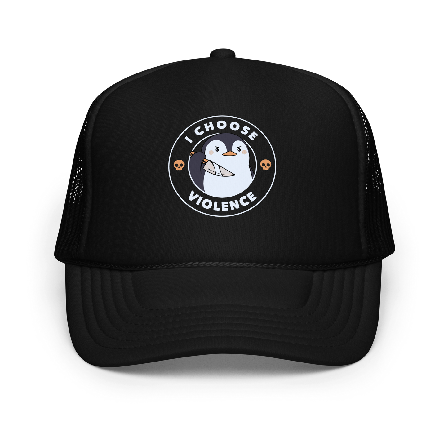 A cartoon-style penguin with a slightly menacing expression holds a large knife. It is surrounded by the words 'I CHOOSE VIOLENCE' in bold uppercase letters. There are two small orange skulls flanking the penguin. The overall design is circular and features contrasting colors for a dramatic effect.