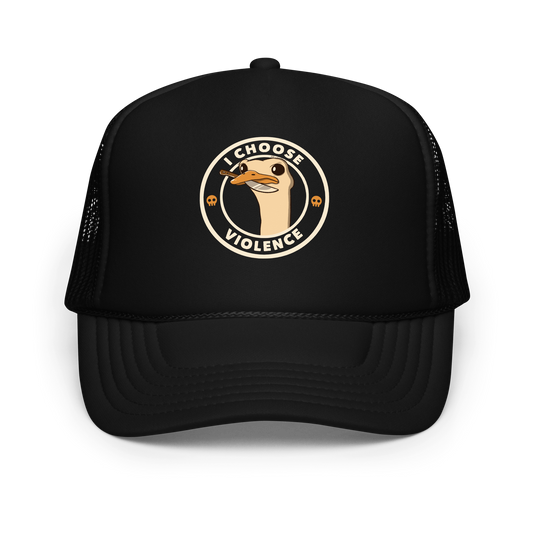 A cartoonish emu with large, expressive eyes holds a knife in its beak, suggesting a humorous and ironic menacing look. The image is framed by two circles, with the text 'I CHOOSE VIOLENCE' around the inner circle. Two small skull icons are placed on either side below the text.
