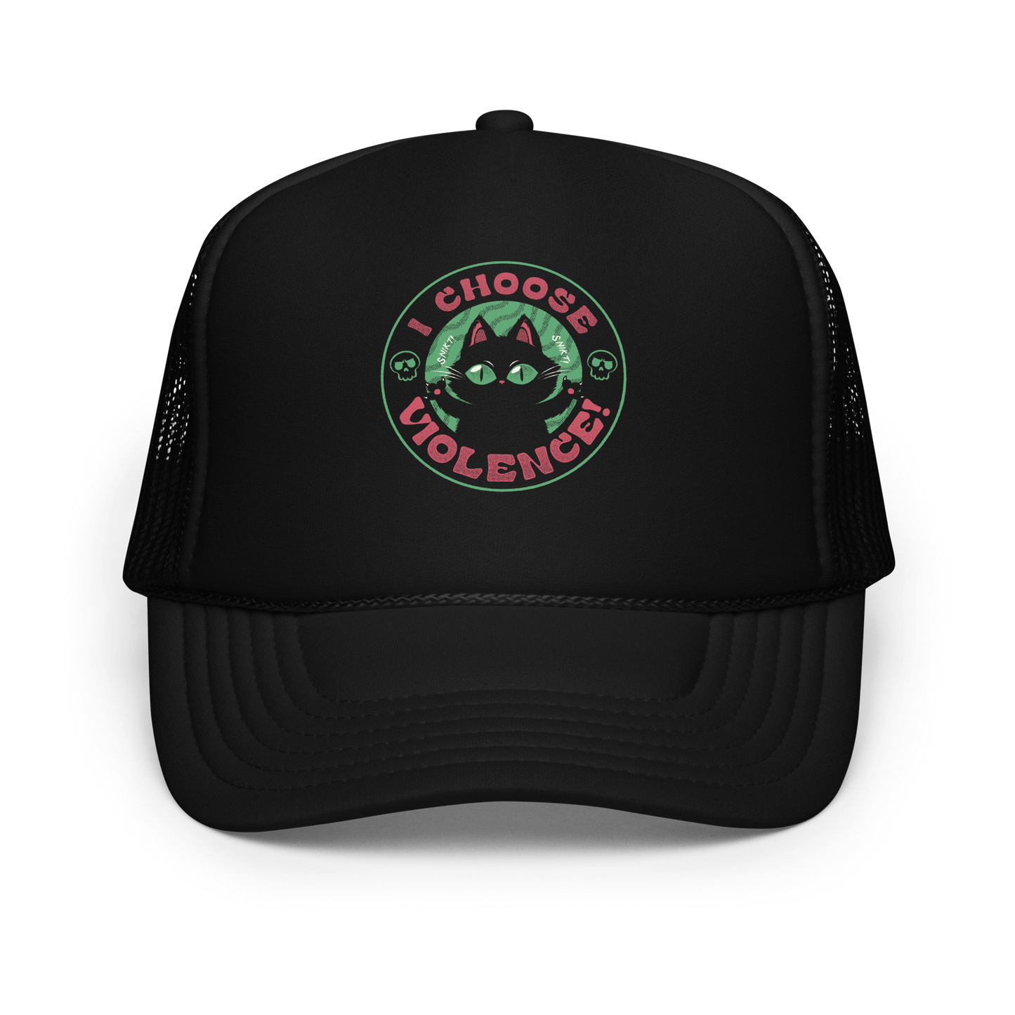 The image features a black cartoon-like cat with large, bright eyes and pointed ears, with a defiant look on its face. The cat is centered within a circular border. Surrounding the cat, the text reads 'I CHOOSE VIOLENCE!' in bold, playful font. There are also small skull illustrations flanking the cat on either side, adding a dark yet humorous tone to the design.