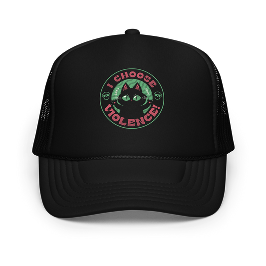 The image features a black cartoon-like cat with large, bright eyes and pointed ears, with a defiant look on its face. The cat is centered within a circular border. Surrounding the cat, the text reads 'I CHOOSE VIOLENCE!' in bold, playful font. There are also small skull illustrations flanking the cat on either side, adding a dark yet humorous tone to the design.