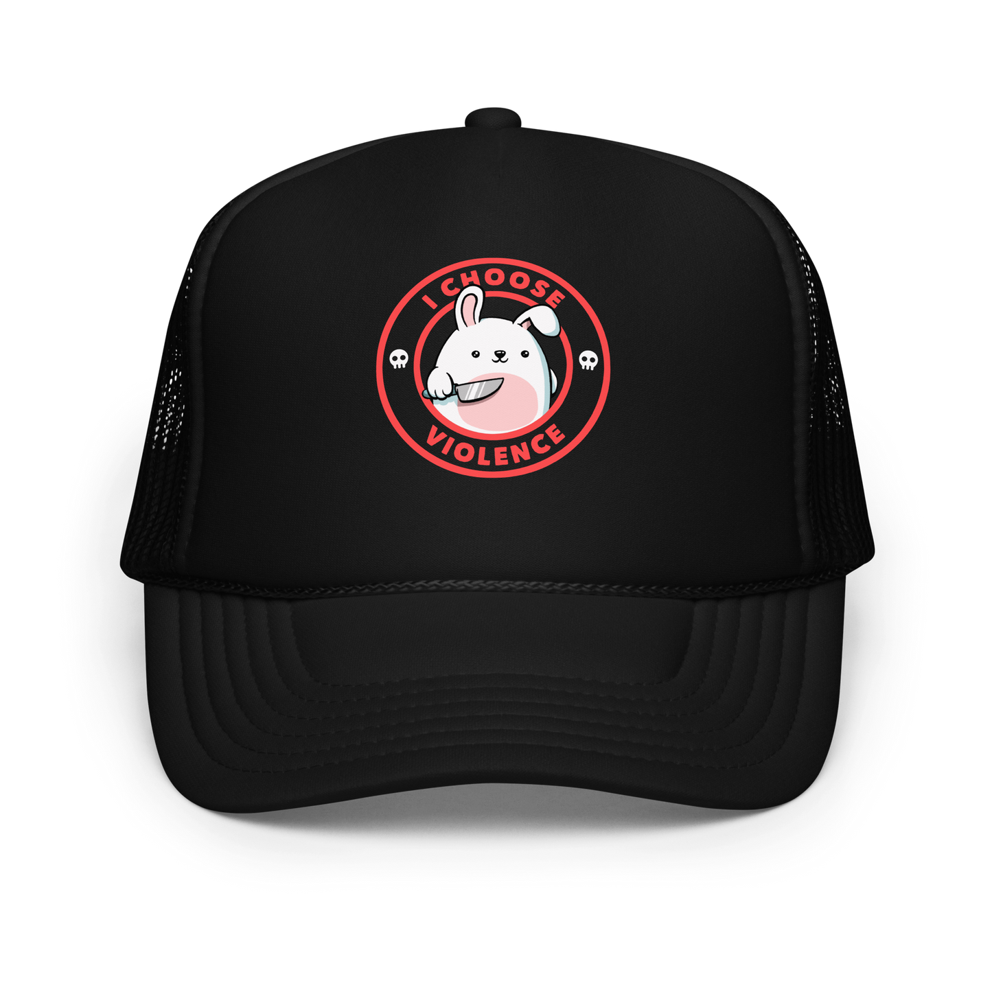 A cute white cartoon bunny with a pink belly stands holding a large kitchen knife in one paw. Surrounding the bunny is a red circular border with the words 'I CHOOSE VIOLENCE'. Small skull icons are on either side of the circle. The overall tone is a mix of adorable and ironic humor.