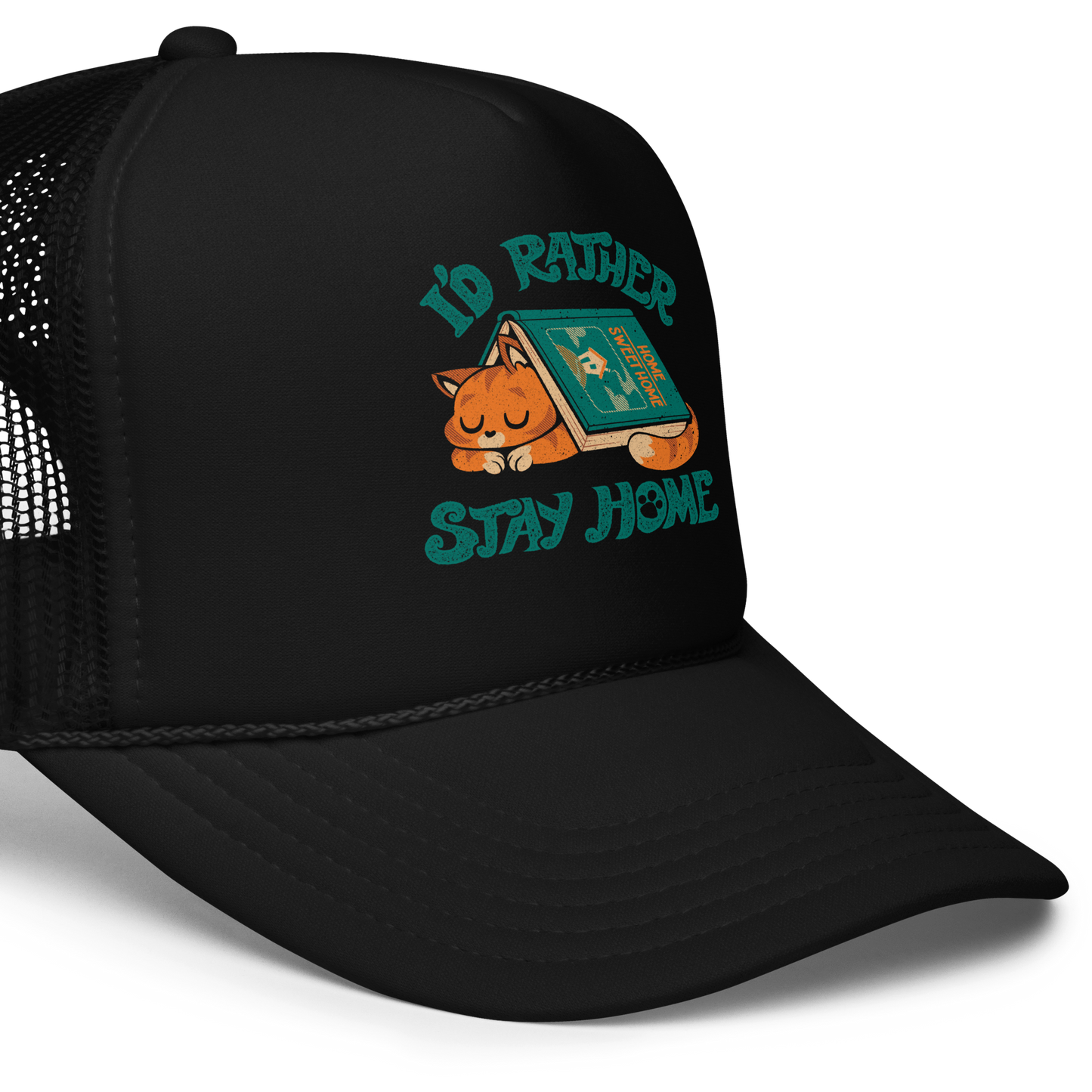 Sleeping orange cat under a book labeled 'Home Sweet Home' with the motto 'I'D RATHER STAY HOME'.