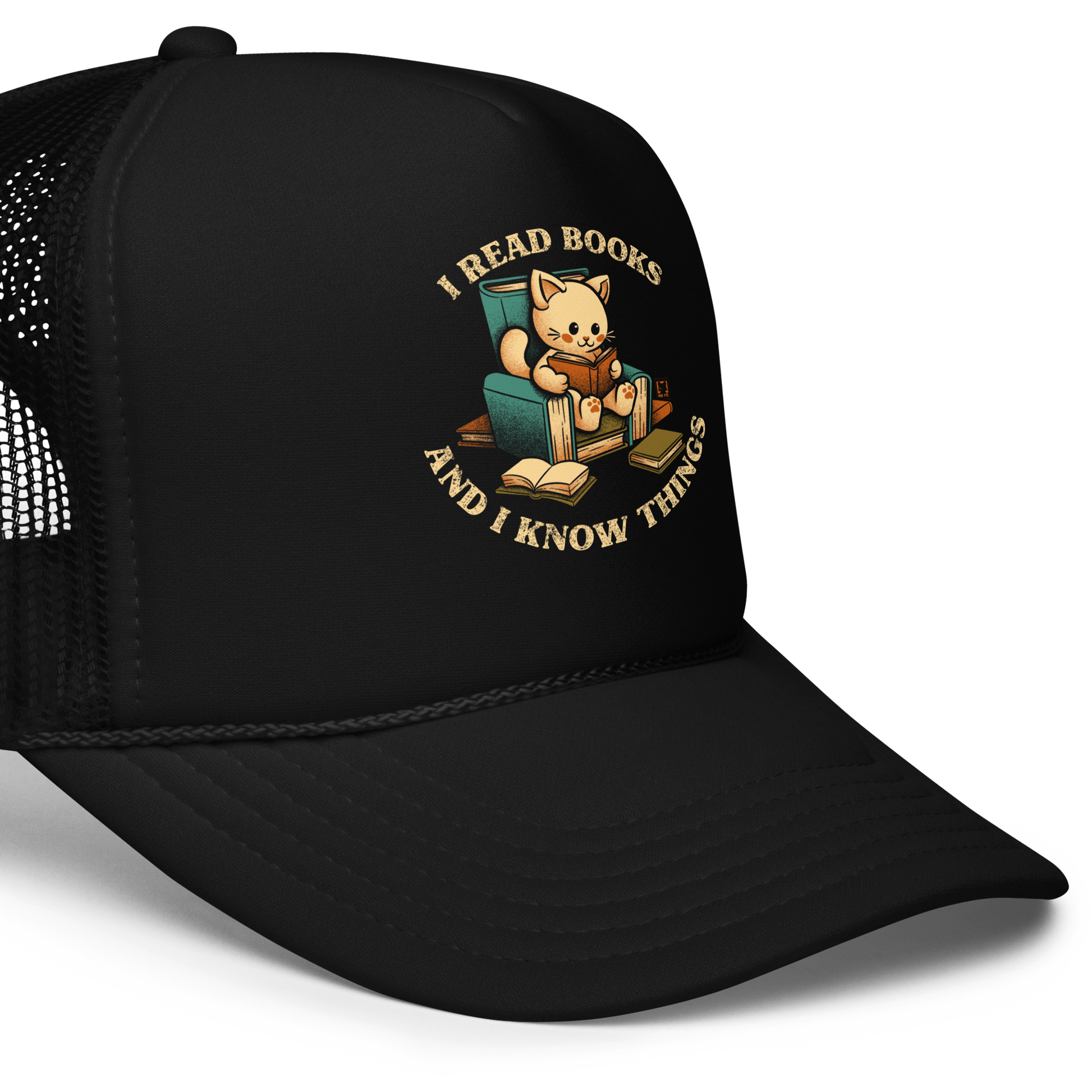 An adorable cat is sitting on a stack of books encircled by the sentence "I READ BOOKS AND I KNOW THINGS". Perfect for book lovers, this design combines wit and cuteness, making it a great choice for those who love reading and cats.