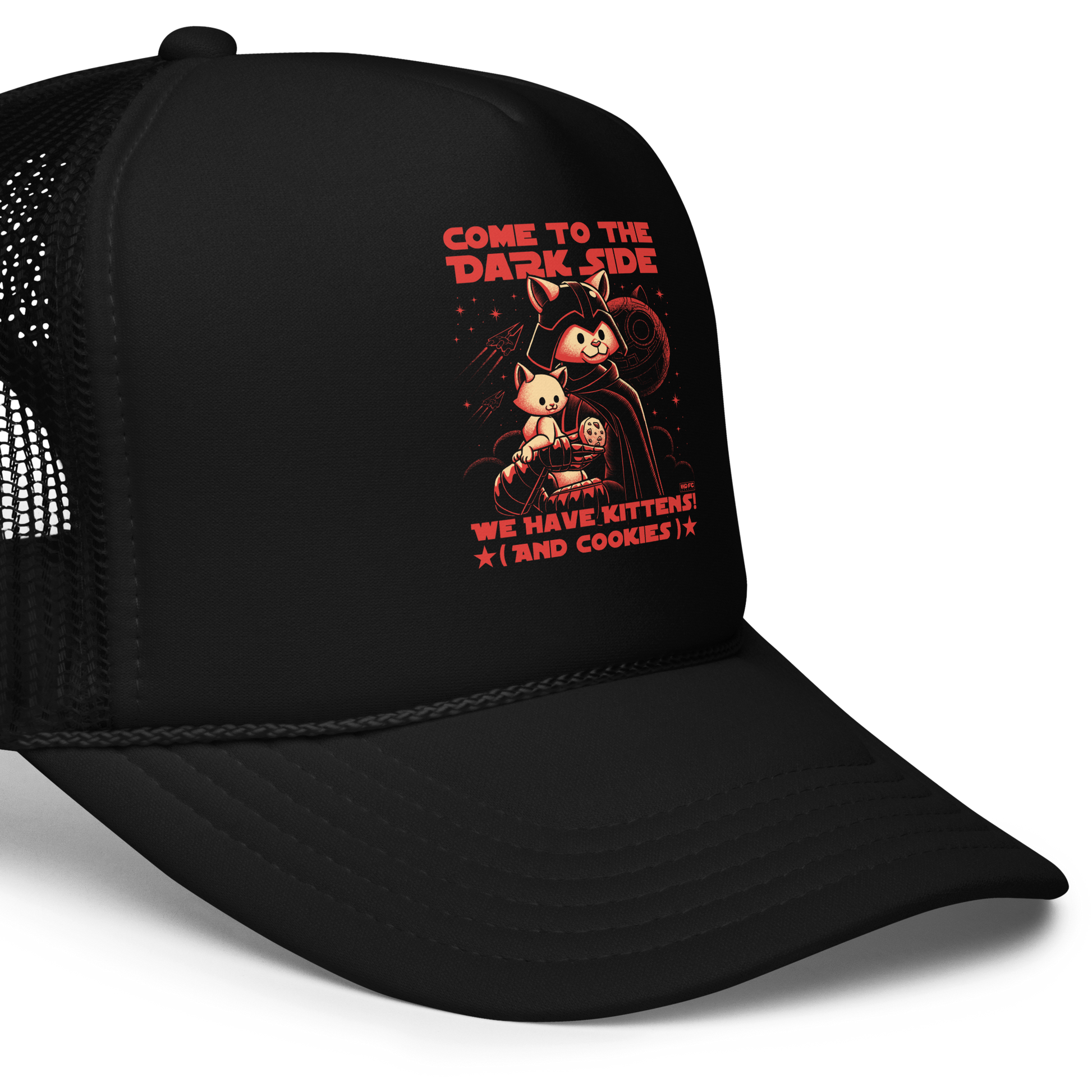 This fun and nerdy design, encircled by the phrase 'COME TO THE DARK SIDE, WE  HAVE KITTENS AND COOKIES', features a feline twist on sci-fi villains, perfect for cat lovers, space fans, and cookie enthusiasts.