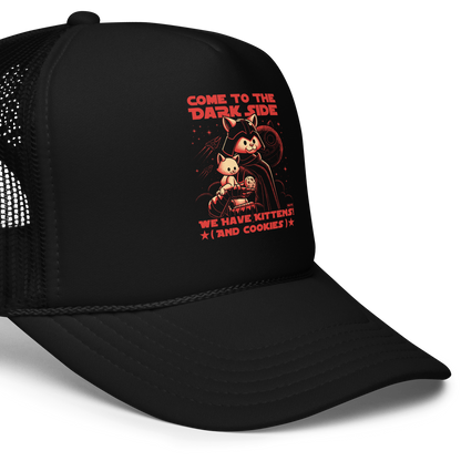 This fun and nerdy design, encircled by the phrase 'COME TO THE DARK SIDE, WE  HAVE KITTENS AND COOKIES', features a feline twist on sci-fi villains, perfect for cat lovers, space fans, and cookie enthusiasts.