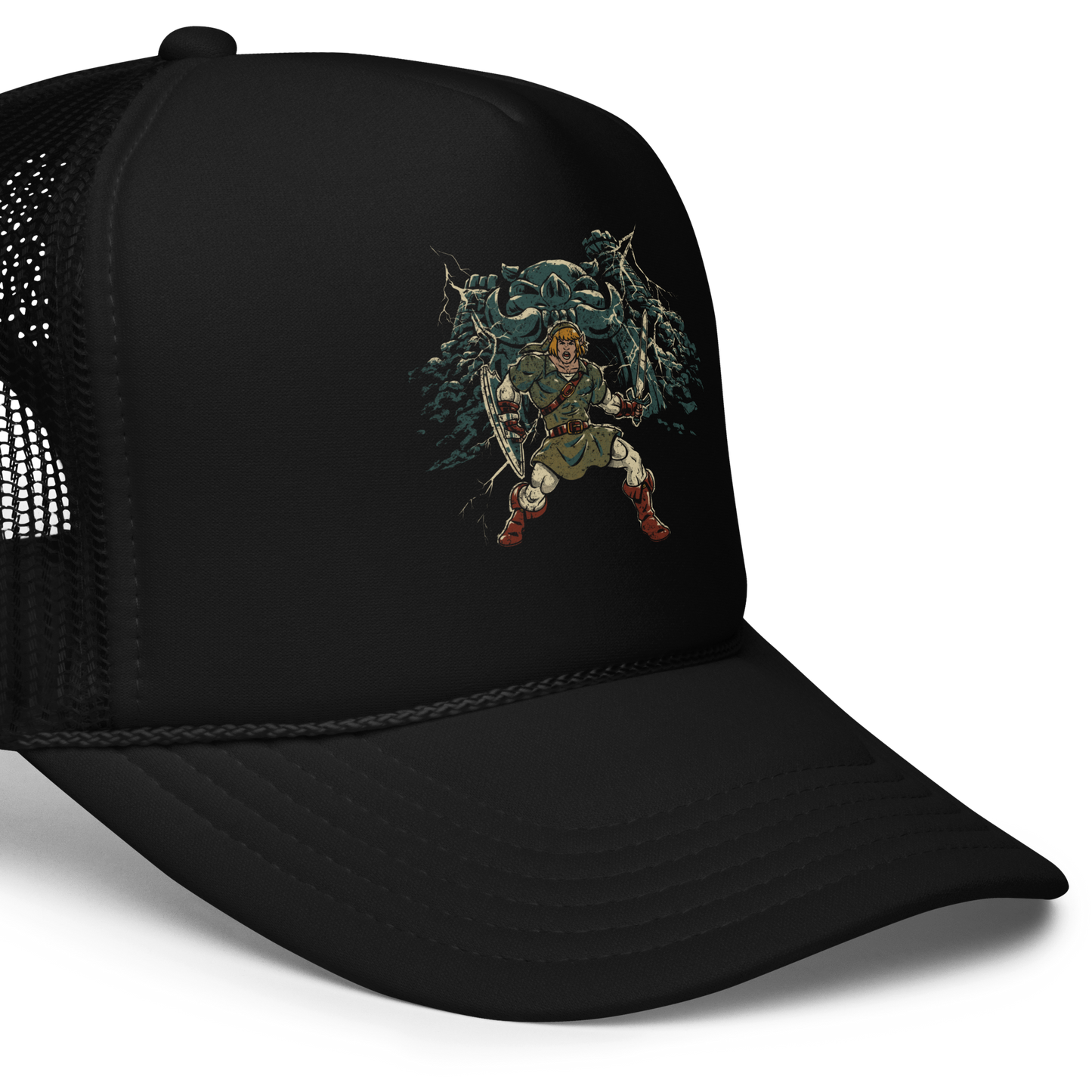 A fierce warrior stands with sword and shield, lightning cracking behind him as he screams in defiance — mixing classic fantasy aesthetics with retro game frustration.