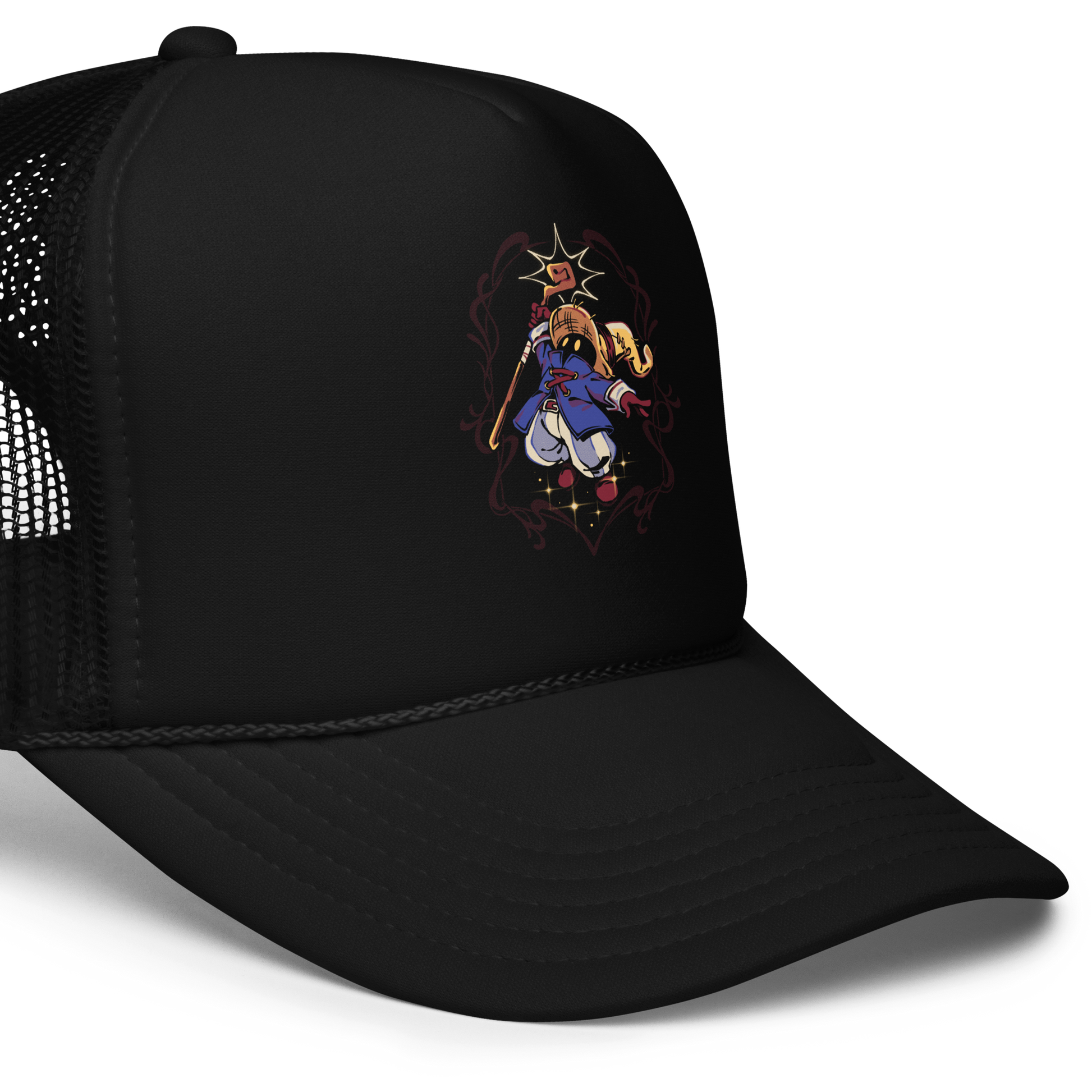 A mysterious dark mage casts a glowing spell with flair, surrounded by magical sparkles and arcane energy. A tribute to classic RPG wizards and their timeless charm.